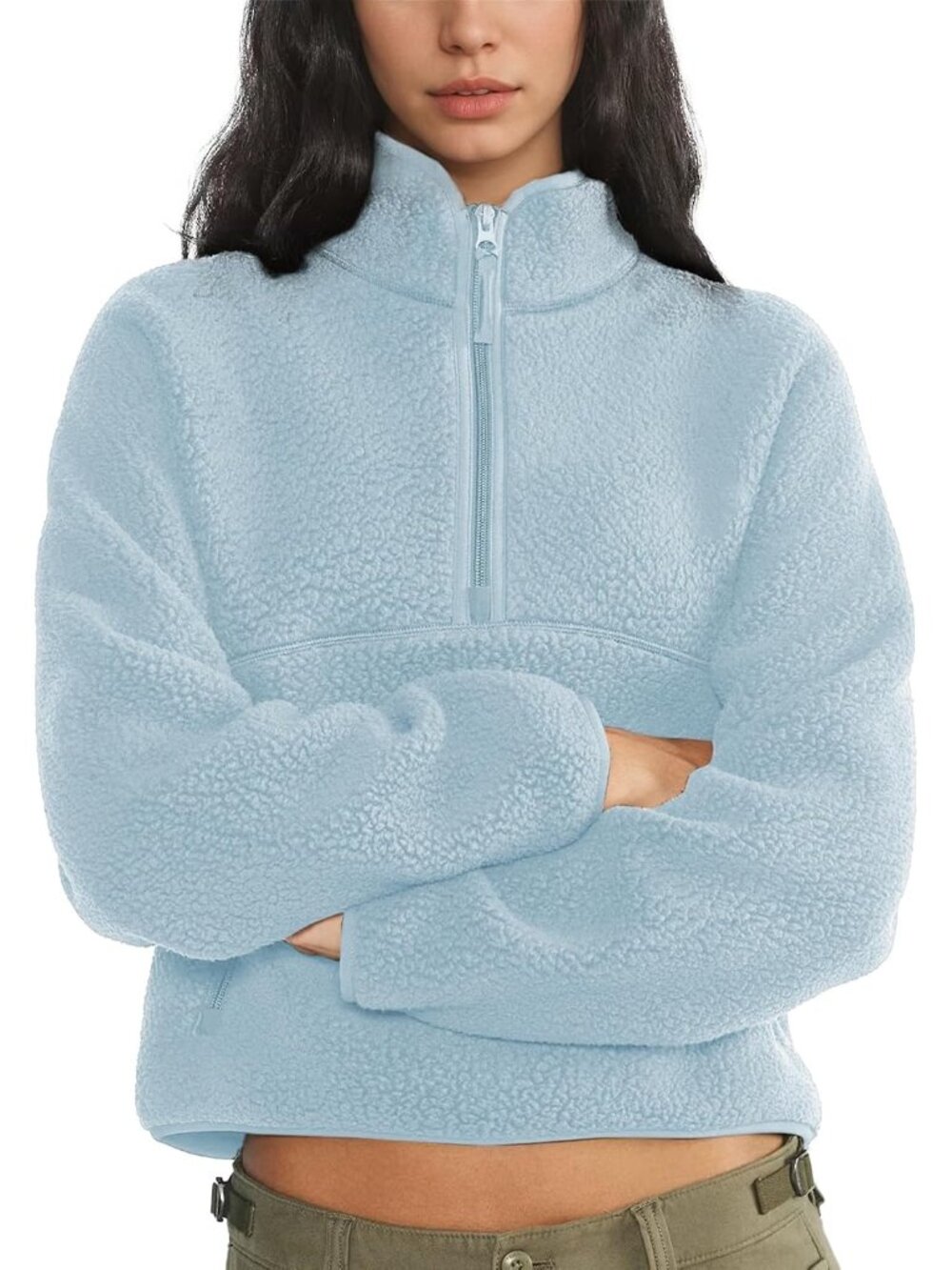 Women Blue 100% Polyester Mock-neck Fuzzy Sherpa Fleece Quarter Zip Sweatshirt